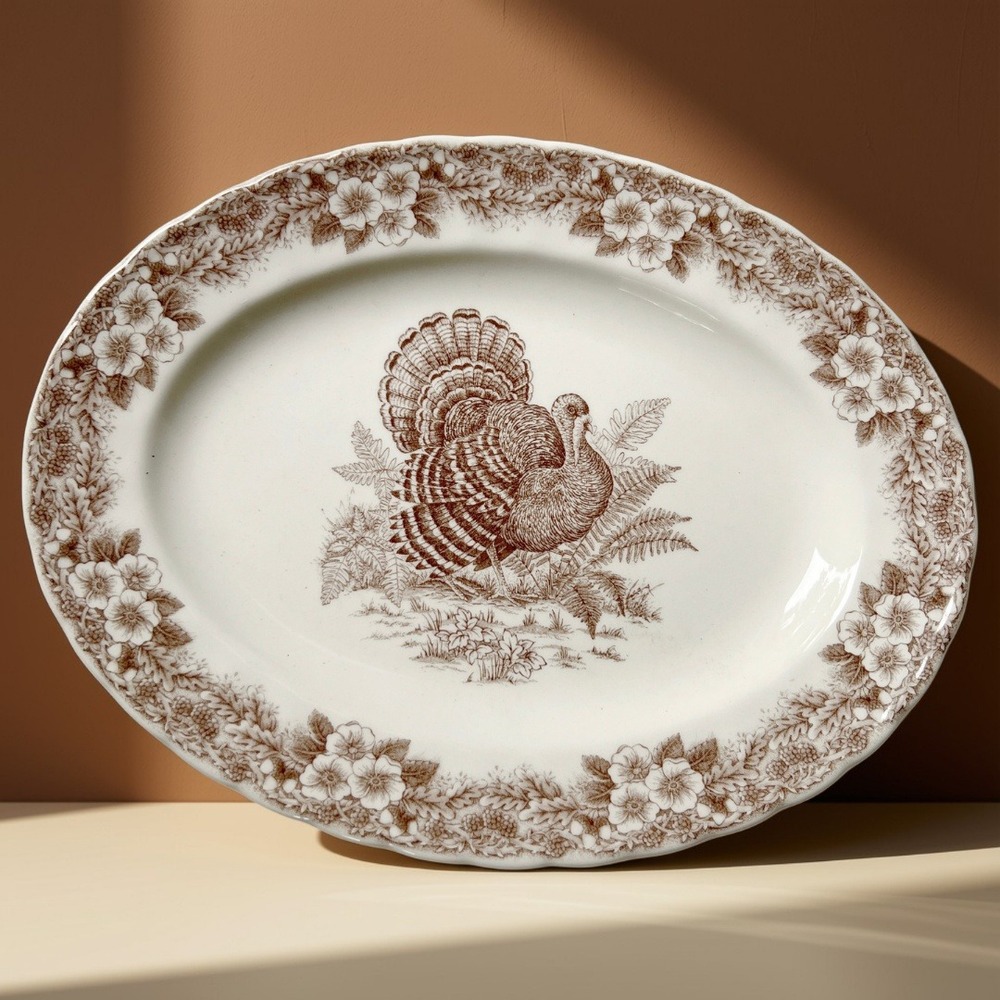 Vintage Queen's Myott Thanksgiving Brown Turkey 13" Platter Transferware